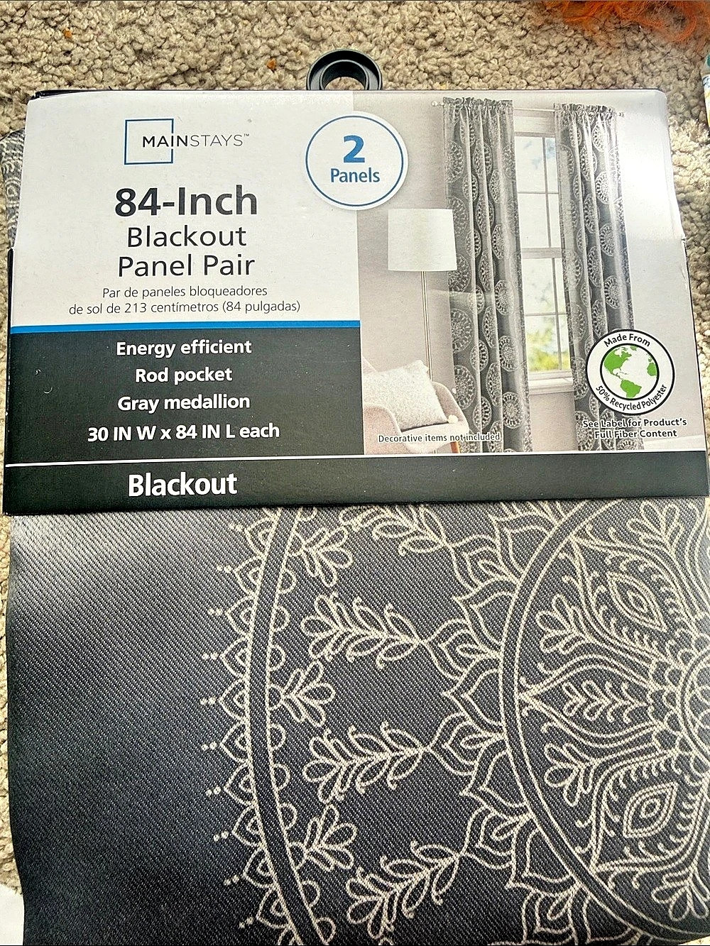 Mainstays 84-Inch Blackout Panel Pair Floral Gray NWT